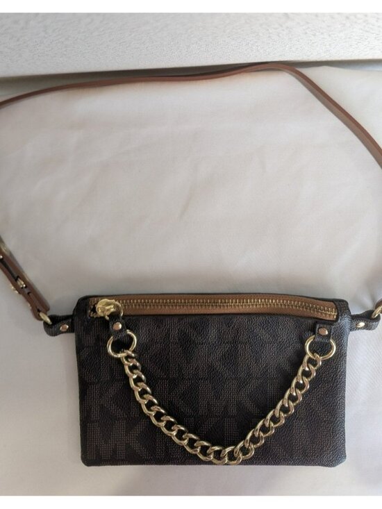 Michael Kors Monogram Chain Belt Bag Bum Bag Fanny Pack Small 554131 Brown Gold - Picture 1 of 9
